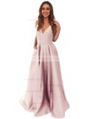 A-line V-neck Satin Sweep Train Pockets Prom Dresses #LDB020105284