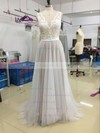 A-line Scoop Neck Lace Tulle Sweep Train Sashes / Ribbons Prom Dresses #LDB020105356