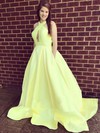 Ball Gown V-neck Satin Sweep Train Pockets Prom Dresses #LDB020105419