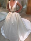 Ball Gown V-neck Satin Sweep Train Beading Prom Dresses #LDB020105459