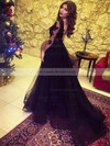 A-line V-neck Tulle Sweep Train Appliques Lace Prom Dresses #LDB020105633