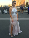 A-line Halter Chiffon Sweep Train Appliques Lace Prom Dresses #LDB020105652