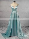 A-line V-neck Silk-like Satin Sweep Train Split Front Prom Dresses #LDB020105768
