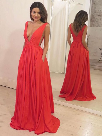 A-line V-neck Silk-like Satin Sweep Train Pockets Prom Dresses #LDB020105773