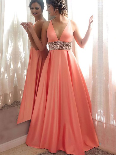Princess V-neck Satin Floor-length Beading Prom Dresses #LDB020105777