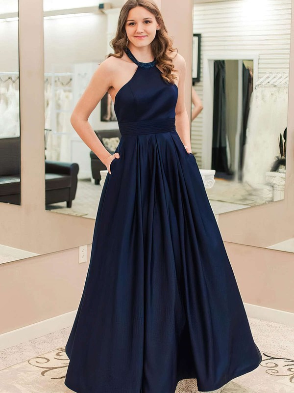 A-line Halter Satin Floor-length Pockets Prom Dresses #LDB020105946