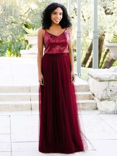 A-line V-neck Tulle Sequined Floor-length Prom Dresses #LDB020106038