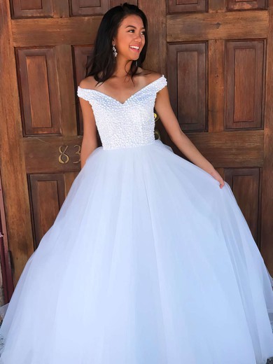 Ball Gown Off-the-shoulder Tulle Floor-length Beading Prom Dresses #LDB020106082