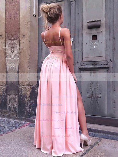 A-line V-neck Silk-like Satin Floor-length Split Front Prom Dresses #LDB020106103