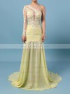 Trumpet/Mermaid One Shoulder Chiffon Sweep Train Appliques Lace Prom Dresses #LDB02016068