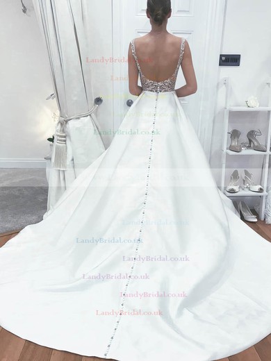 Satin Scoop Neck Princess Sweep Train Beading Wedding Dresses #LDB00023541
