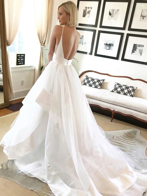 Satin Organza V-neck Ball Gown Sweep Train Wedding Dresses #LDB00023546