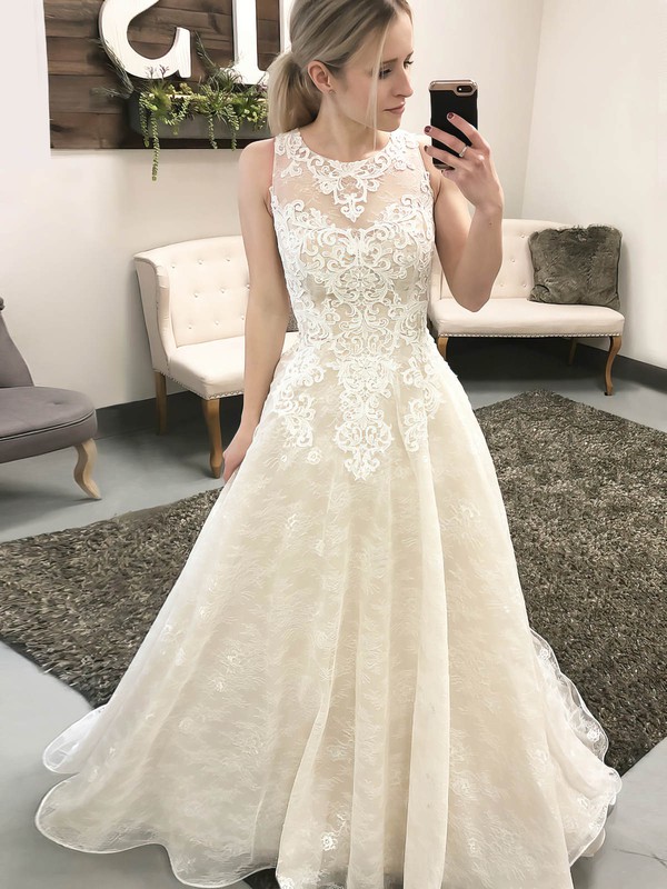 Lace Scoop Neck Ball Gown Sweep Train Appliques Lace Wedding Dresses #LDB00023550