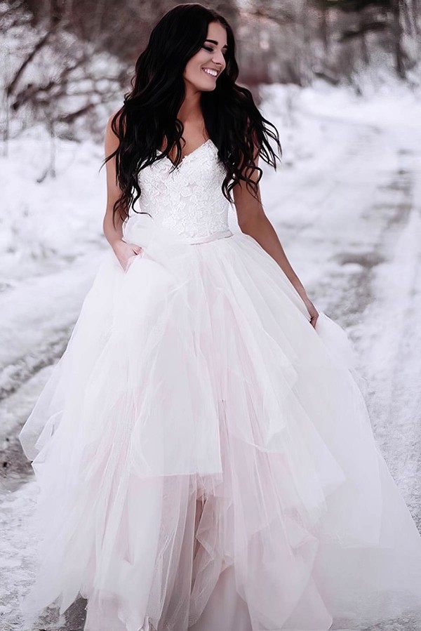 Tulle V-neck Ball Gown Floor-length Appliques Lace Wedding Dresses #LDB00023551