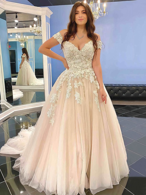 Tulle Off-the-shoulder Ball Gown Sweep Train Appliques Lace Wedding Dresses #LDB00023555