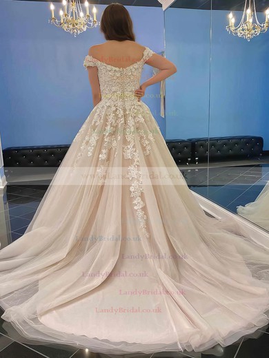 Tulle Off-the-shoulder Ball Gown Sweep Train Appliques Lace Wedding Dresses #LDB00023555