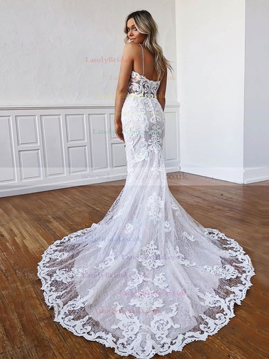 Lace V-neck Trumpet/Mermaid Sweep Train Appliques Lace Wedding Dresses #LDB00023557