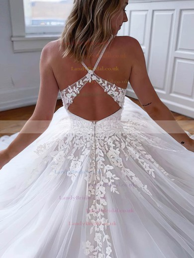 Tulle V-neck Princess Sweep Train Appliques Lace Wedding Dresses #LDB00023560