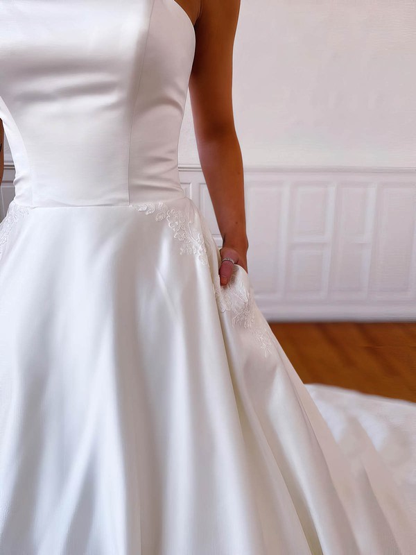 Satin Strapless Ball Gown Chapel Train Appliques Lace Wedding Dresses #LDB00023561