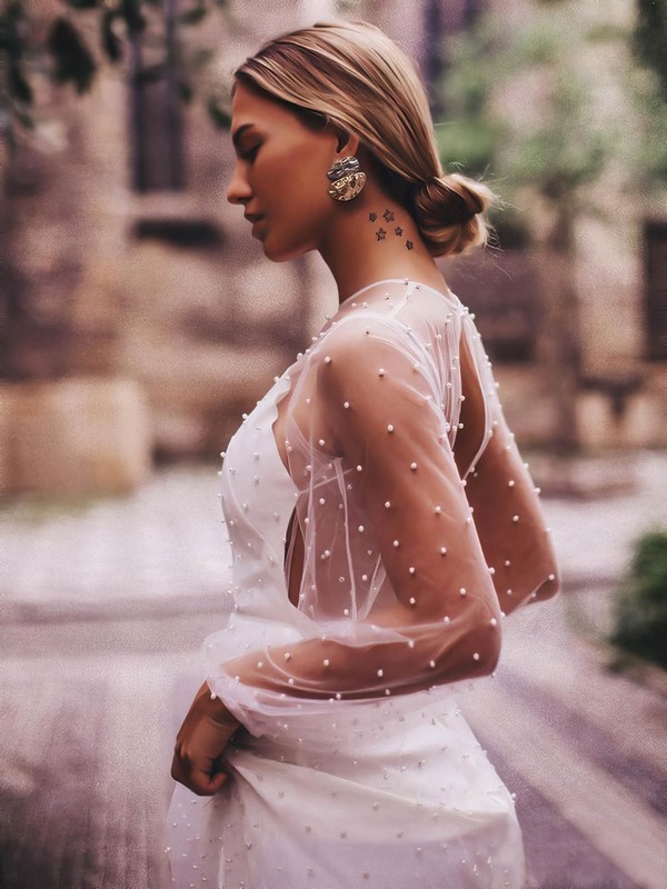 Tulle Scoop Neck A-line Floor-length Pearl Detailing Wedding Dresses #LDB00023569