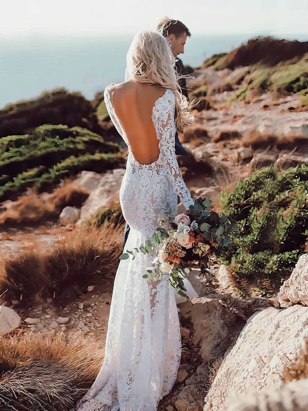 Lace V-neck Trumpet/Mermaid Sweep Train Lace Wedding Dresses #LDB00023572