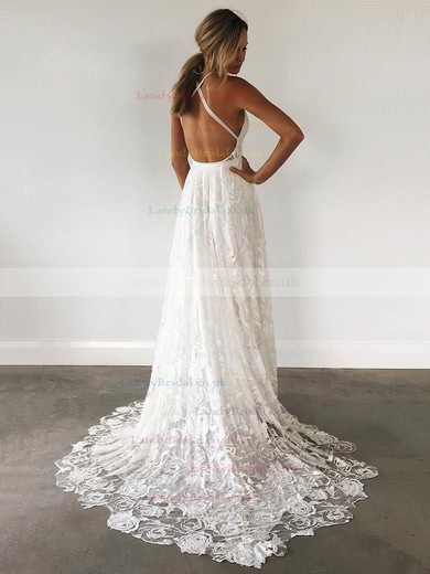 Lace V-neck A-line Sweep Train Split Front Wedding Dresses #LDB00023410