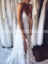 Lace V-neck A-line Sweep Train Split Front Wedding Dresses #LDB00023410