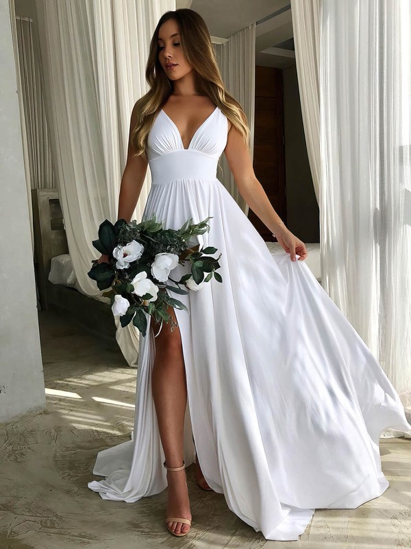 Silk-like Satin V-neck A-line Sweep Train Split Front Wedding Dresses #LDB00023482