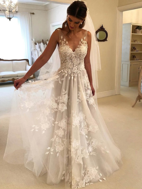 Tulle V-neck A-line Sweep Train Appliques Lace Wedding Dresses #LDB00023493