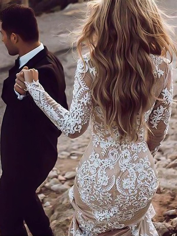 Lace Tulle Scoop Neck Trumpet/Mermaid Sweep Train Appliques Lace Wedding Dresses #LDB00023496