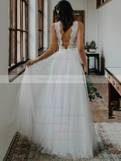 Lace Tulle V-neck A-line Floor-length Buttons Wedding Dresses #LDB00023497