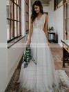 Lace Tulle V-neck A-line Floor-length Buttons Wedding Dresses #LDB00023497