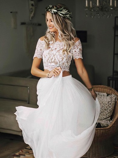 Lace Chiffon Off-the-shoulder A-line Floor-length Pleats Wedding Dresses #LDB00023499