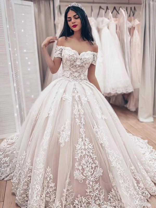 Tulle Off-the-shoulder Ball Gown Court Train Appliques Lace Wedding Dresses #LDB00023504