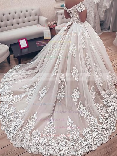 Tulle Off-the-shoulder Ball Gown Court Train Appliques Lace Wedding Dresses #LDB00023504