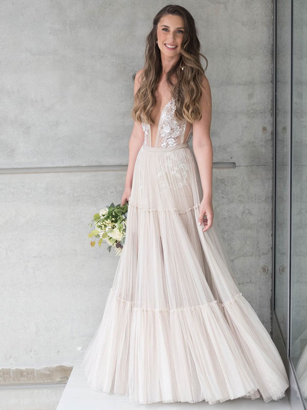 Tulle V-neck A-line Floor-length Appliques Lace Wedding Dresses #LDB00023512