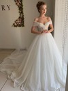 Tulle Off-the-shoulder Ball Gown Sweep Train Ruffles Wedding Dresses #LDB00023513