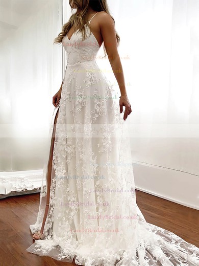 Lace V-neck A-line Sweep Train Split Front Wedding Dresses #LDB00023518