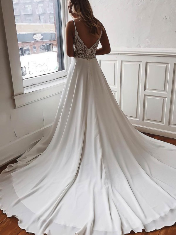 Chiffon V-neck A-line Sweep Train Lace Wedding Dresses #LDB00023519