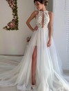 Tulle Scoop Neck A-line Chapel Train Appliques Lace Wedding Dresses #LDB00023520