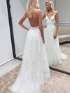 Tulle V-neck A-line Sweep Train Appliques Lace Wedding Dresses #LDB00023523