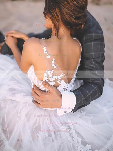 Tulle V-neck Princess Sweep Train Appliques Lace Wedding Dresses #LDB00023525