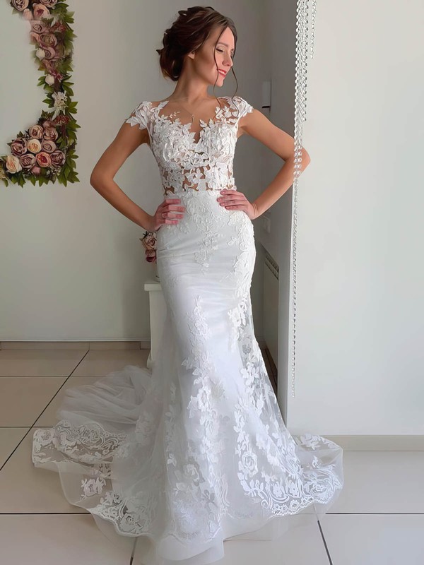 Lace Tulle Scoop Neck Trumpet/Mermaid Sweep Train Appliques Lace Wedding Dresses #LDB00023528