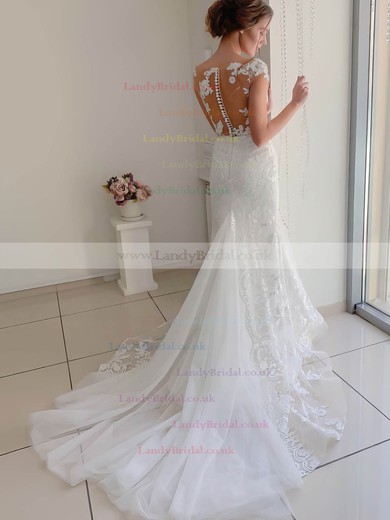 Lace Tulle Scoop Neck Trumpet/Mermaid Sweep Train Appliques Lace Wedding Dresses #LDB00023528