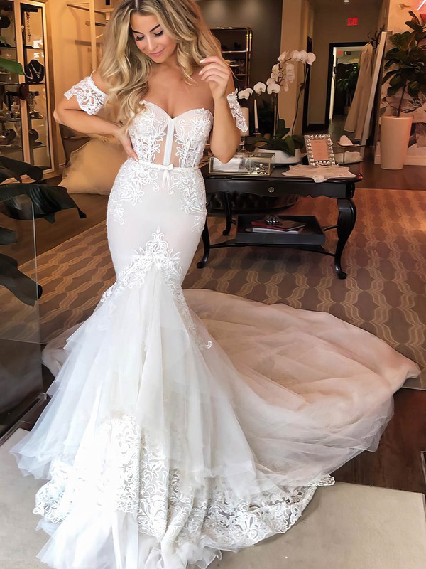 Lace Tulle Sweetheart Trumpet/Mermaid Court Train Appliques Lace Wedding Dresses #LDB00023529