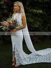 Lace High Neck Trumpet/Mermaid Court Train Split Front Wedding Dresses #LDB00023531