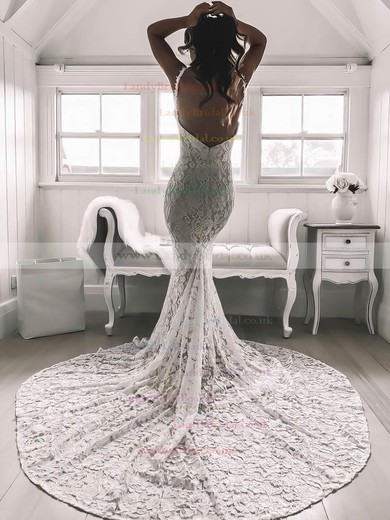 Lace V-neck Trumpet/Mermaid Sweep Train Appliques Lace Wedding Dresses #LDB00023532