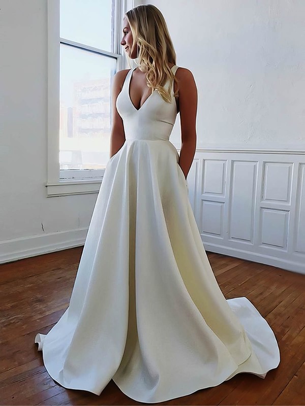 Satin V-neck A-line Sweep Train Bow Wedding Dresses #LDB00023538