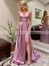 Silk-like Satin V-neck A-line Sweep Train Split Front Prom Dresses #LDB020106649