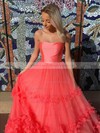 Tulle Strapless A-line Sweep Train Flower(s) Prom Dresses #LDB020106716